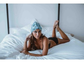 Amelie shower cap in mint abstract print by LOUVELLE