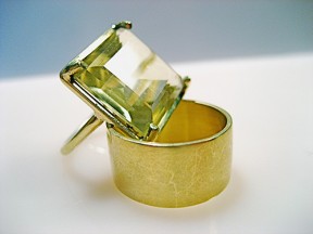 Lemon Yellow Citrine Emerald Cut 14k Green Gold Prong and Wide Band