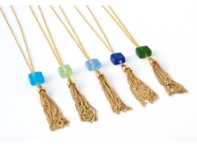 Tassel Necklace with Recycled Bottle Glass Cube
